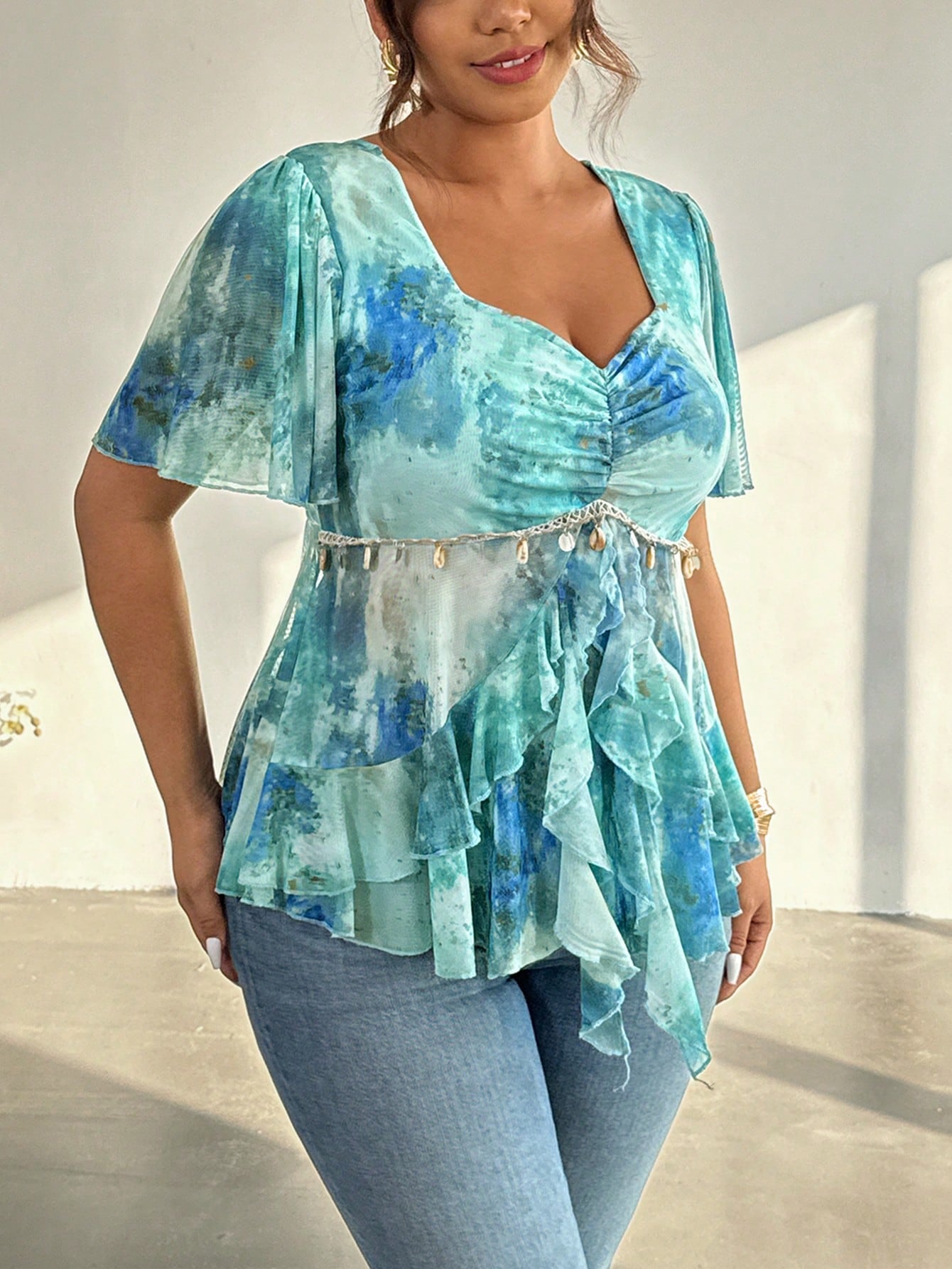 Firerie Plus Size Baby Blue Summer Boho Graphic Date Night Vacation Holiday Print Pendant Decor Ruffle Hem Cinched Waist Babydoll Mermaid Tops For Women