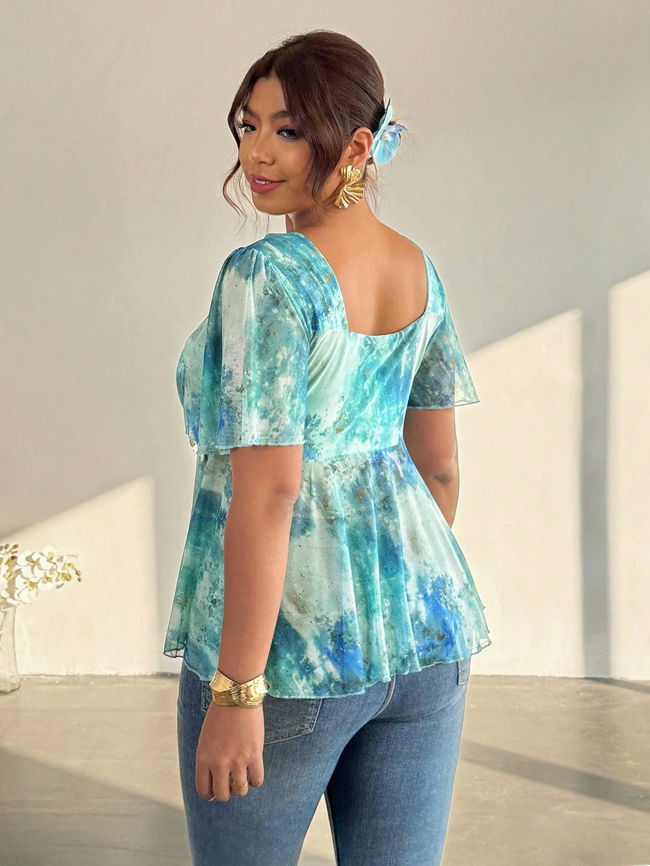 Firerie Plus Size Baby Blue Summer Boho Graphic Date Night Vacation Holiday Print Pendant Decor Ruffle Hem Cinched Waist Babydoll Mermaid Tops For Women