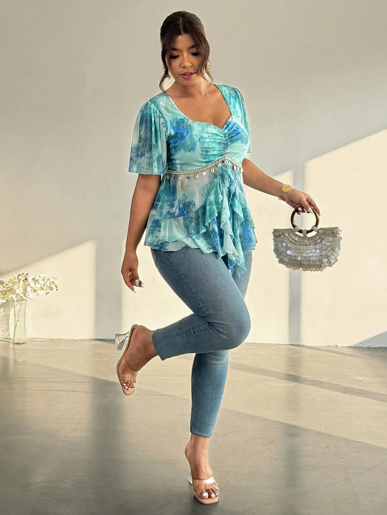 Firerie Plus Size Baby Blue Summer Boho Graphic Date Night Vacation Holiday Print Pendant Decor Ruffle Hem Cinched Waist Babydoll Mermaid Tops For Women