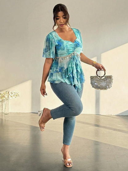Firerie Plus Size Baby Blue Summer Boho Graphic Date Night Vacation Holiday Print Pendant Decor Ruffle Hem Cinched Waist Babydoll Mermaid Tops For Women