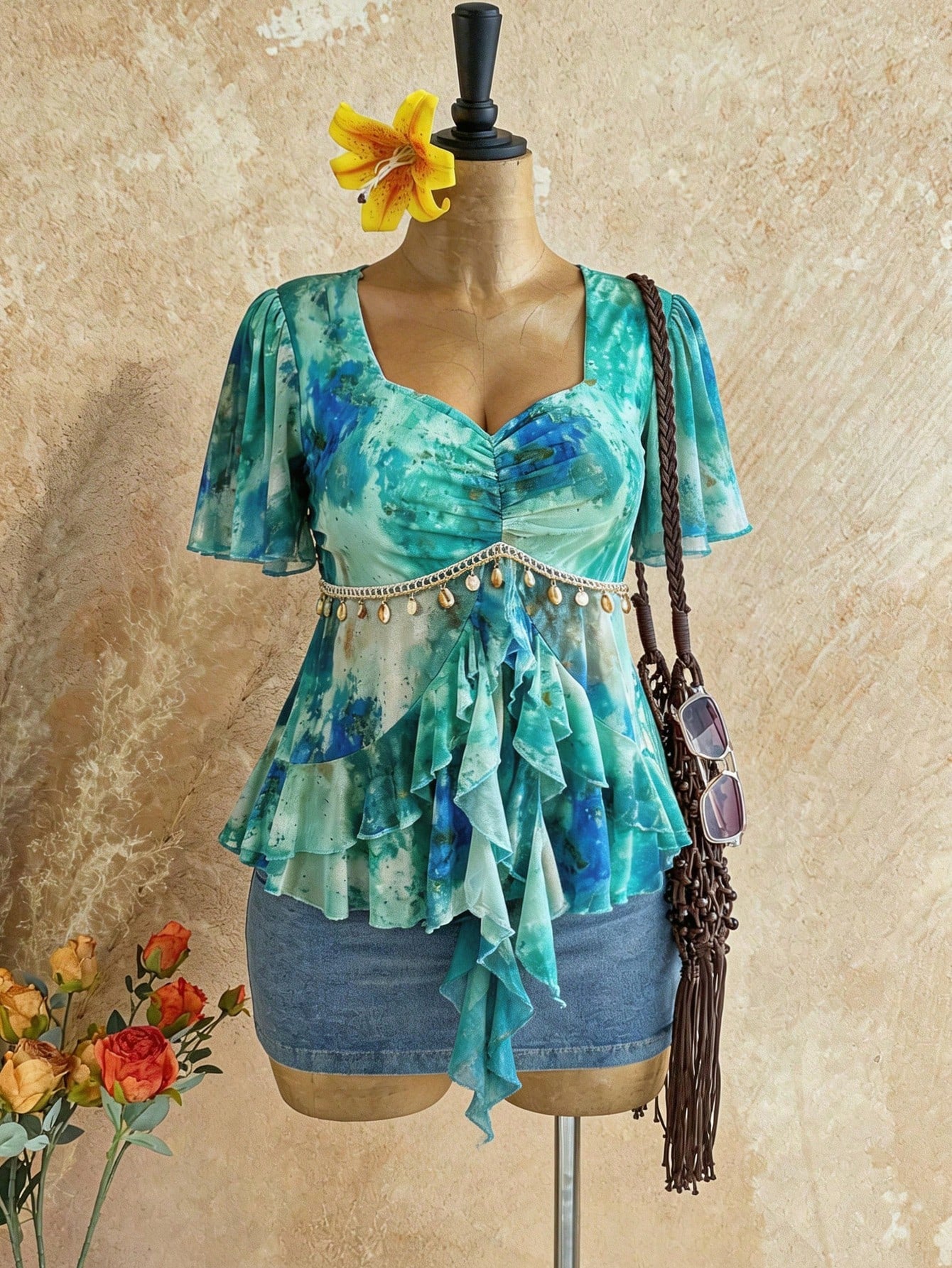 Firerie Plus Size Baby Blue Summer Boho Graphic Date Night Vacation Holiday Print Pendant Decor Ruffle Hem Cinched Waist Babydoll Mermaid Tops For Women