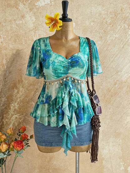 Firerie Plus Size Baby Blue Summer Boho Graphic Date Night Vacation Holiday Print Pendant Decor Ruffle Hem Cinched Waist Babydoll Mermaid Tops For Women