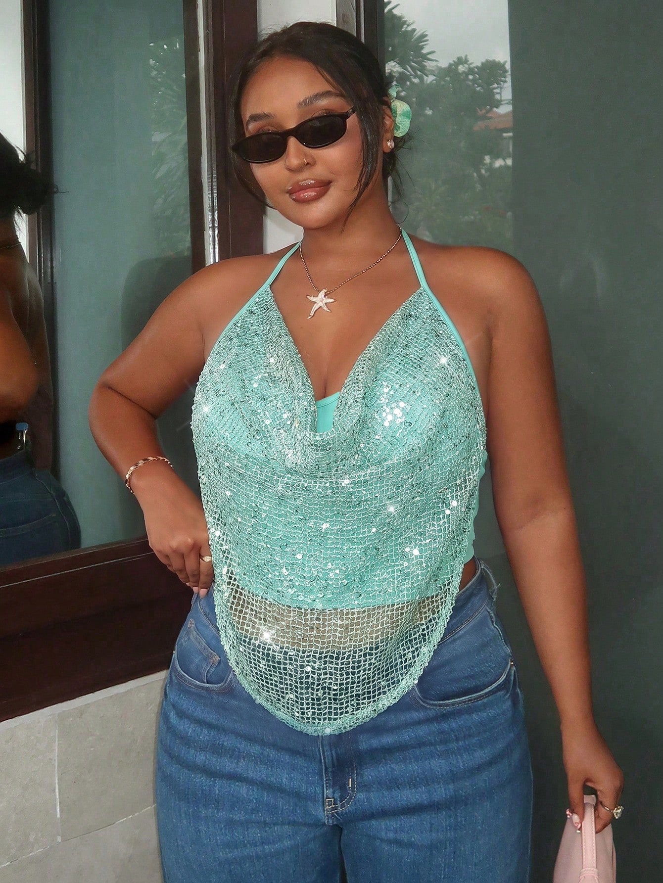 Firerie Plus Size Sexy Sequin Backless Halter Top For Summer