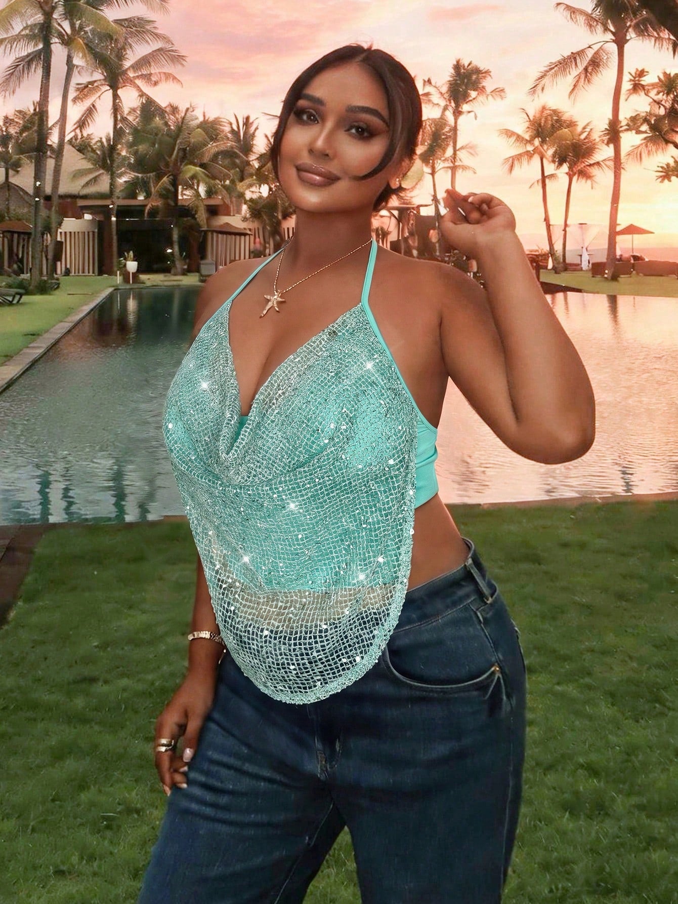 Firerie Plus Size Sexy Sequin Backless Halter Top For Summer