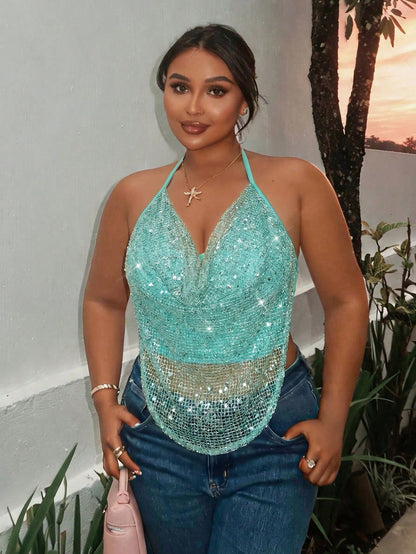 Firerie Plus Size Sexy Sequin Backless Halter Top For Summer