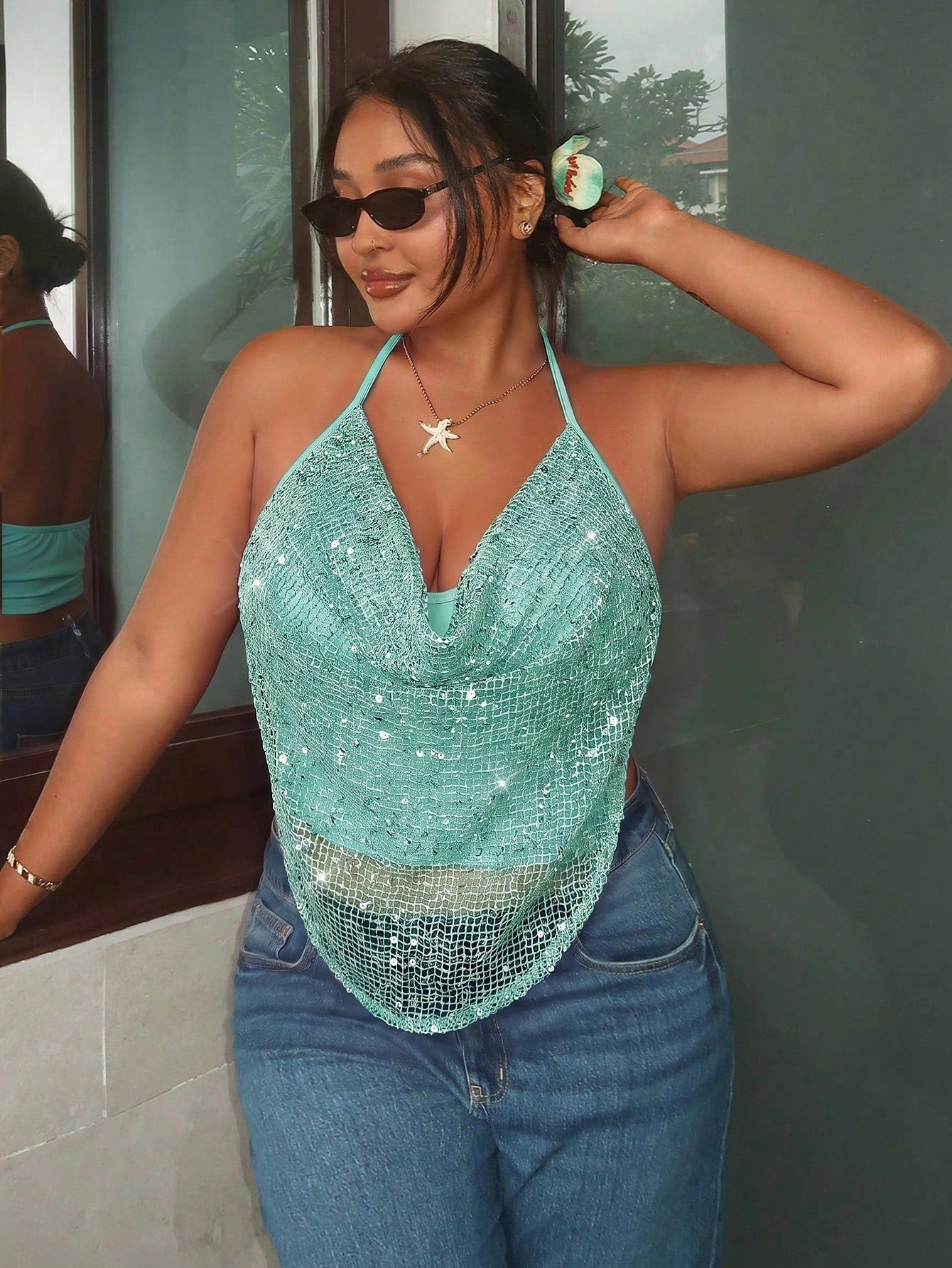 Firerie Plus Size Sexy Sequin Backless Halter Top For Summer