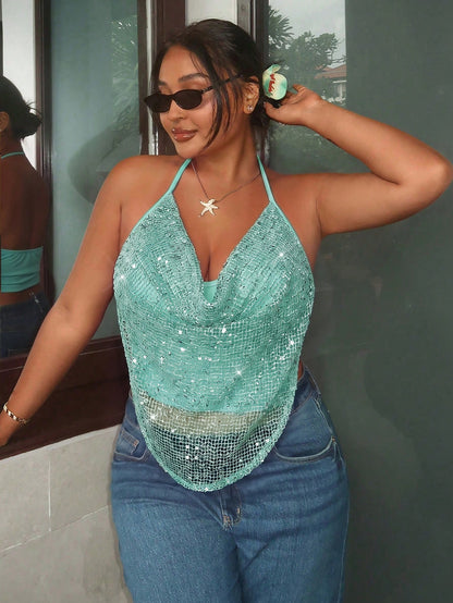 Firerie Plus Size Sexy Sequin Backless Halter Top For Summer