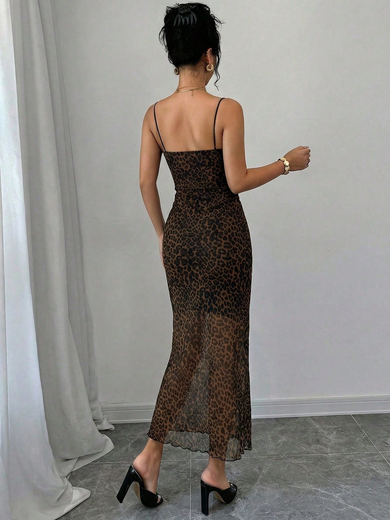 Firerie Women Leopard Print Lace Patchwork Mid-Length Fitted Dress, Stretchy Fabric, Backless, Suitable For Daily, Work, Holiday, Party