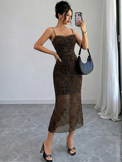 Firerie Women Leopard Print Lace Patchwork Mid-Length Fitted Dress, Stretchy Fabric, Backless, Suitable For Daily, Work, Holiday, Party
