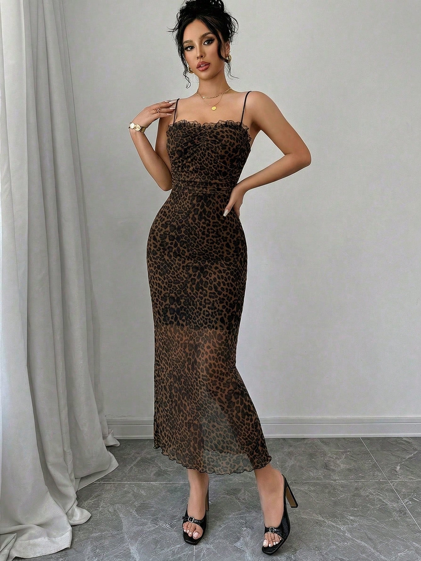 Firerie Women Leopard Print Lace Patchwork Mid-Length Fitted Dress, Stretchy Fabric, Backless, Suitable For Daily, Work, Holiday, Party
