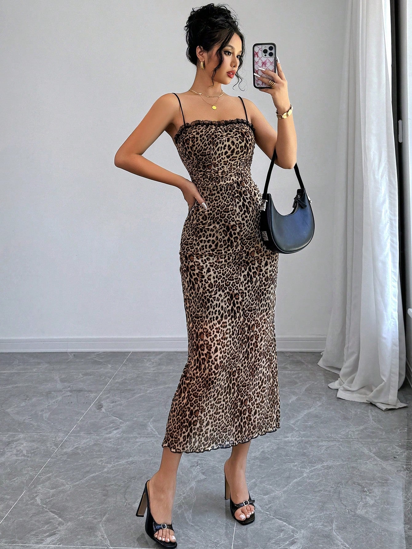 Firerie Women Leopard Print Lace Patchwork Mid-Length Fitted Dress, Stretchy Fabric, Backless, Suitable For Daily, Work, Holiday, Party