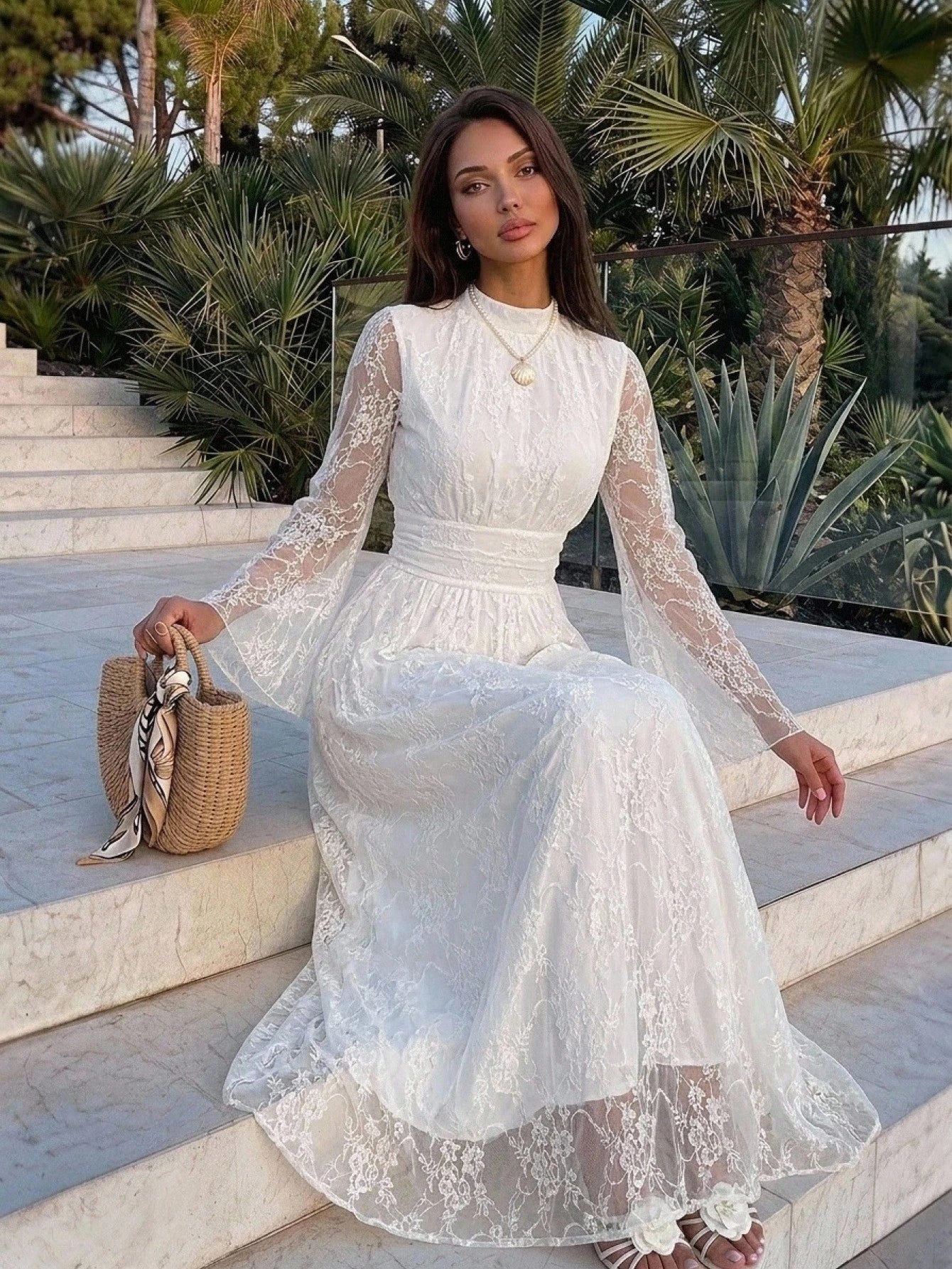 Firerie Women's Elegant Daily Commute Vacation Beach Stand Collar Pleated High Waist A-Line Flare Sleeve White Floral Dress, Autumn Dresses