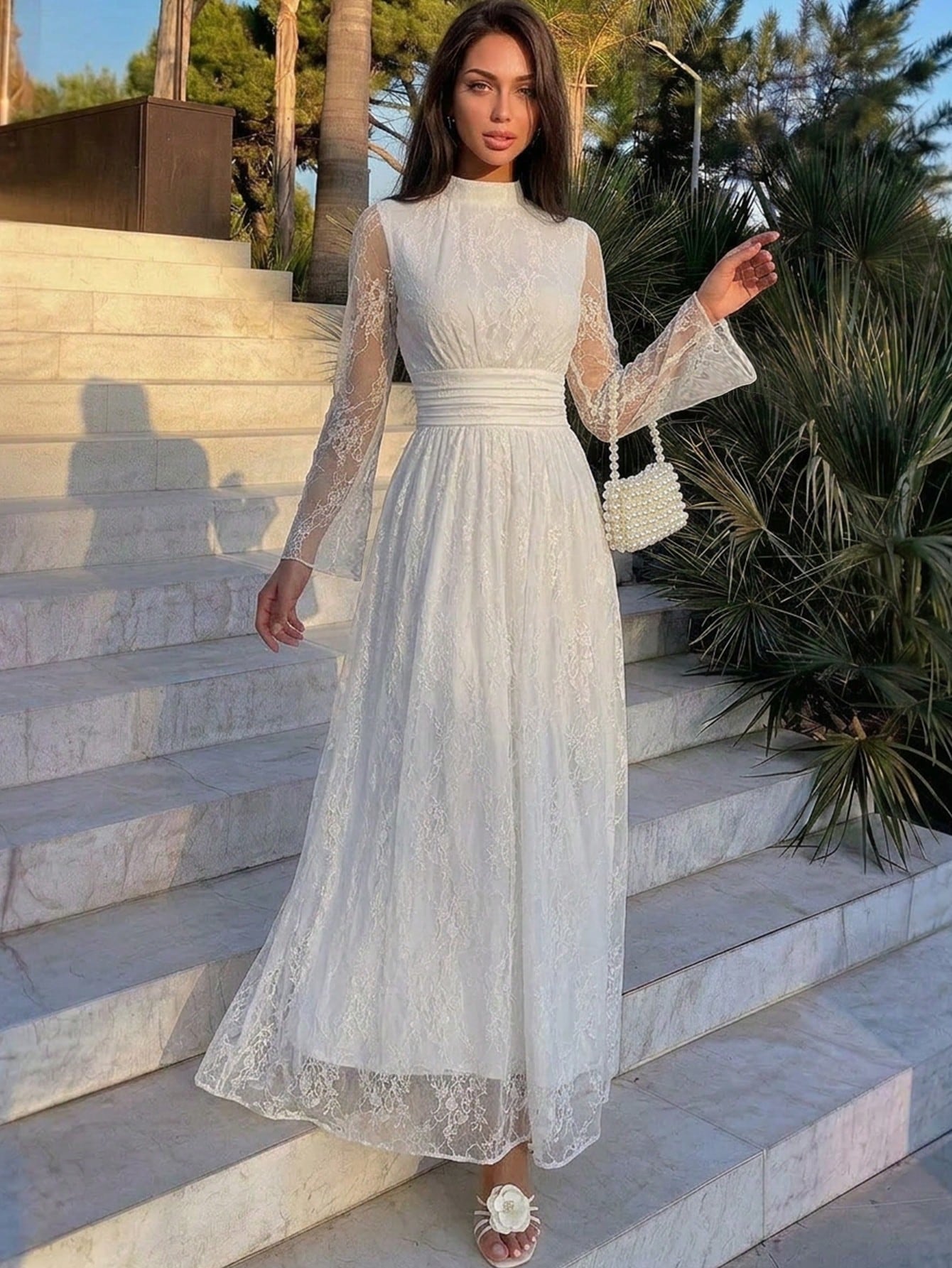 Firerie Women's Elegant Daily Commute Vacation Beach Stand Collar Pleated High Waist A-Line Flare Sleeve White Floral Dress, Autumn Dresses