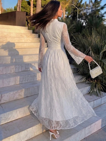 Firerie Women's Elegant Daily Commute Vacation Beach Stand Collar Pleated High Waist A-Line Flare Sleeve White Floral Dress, Autumn Dresses