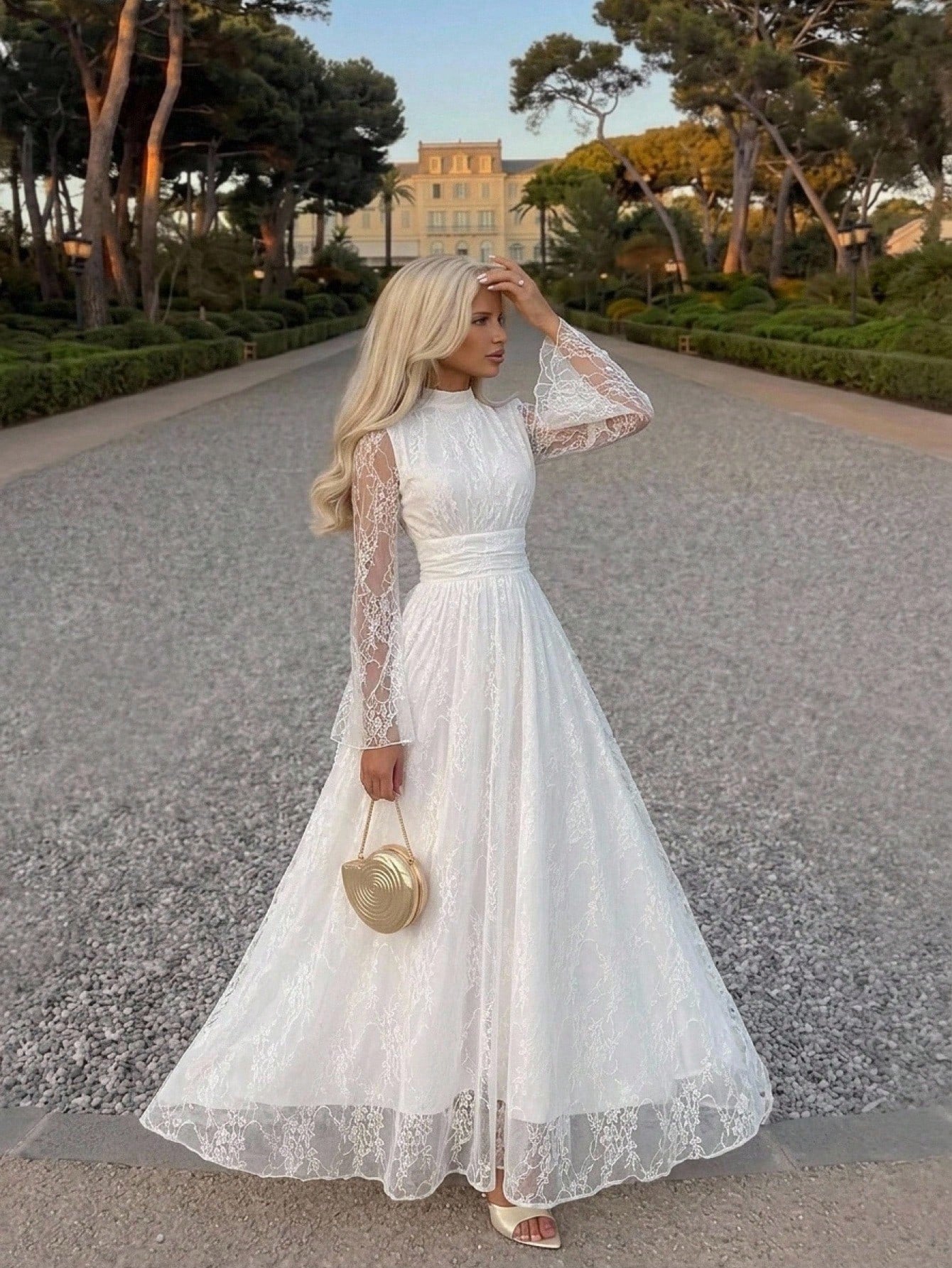 Firerie Women's Elegant Daily Commute Vacation Beach Stand Collar Pleated High Waist A-Line Flare Sleeve White Floral Dress, Autumn Dresses