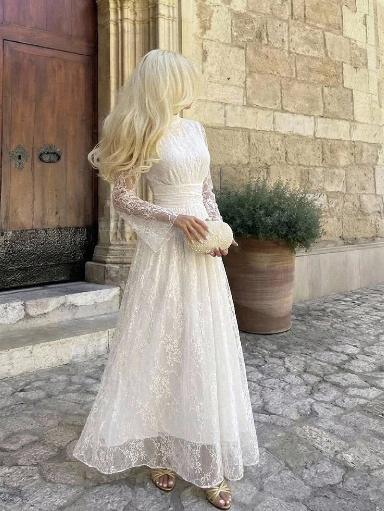 Firerie Women's Elegant Daily Commute Vacation Beach Stand Collar Pleated High Waist A-Line Flare Sleeve White Floral Dress, Autumn Dresses