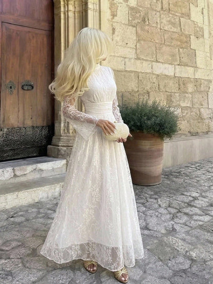 Firerie Women's Elegant Daily Commute Vacation Beach Stand Collar Pleated High Waist A-Line Flare Sleeve White Floral Dress, Autumn Dresses