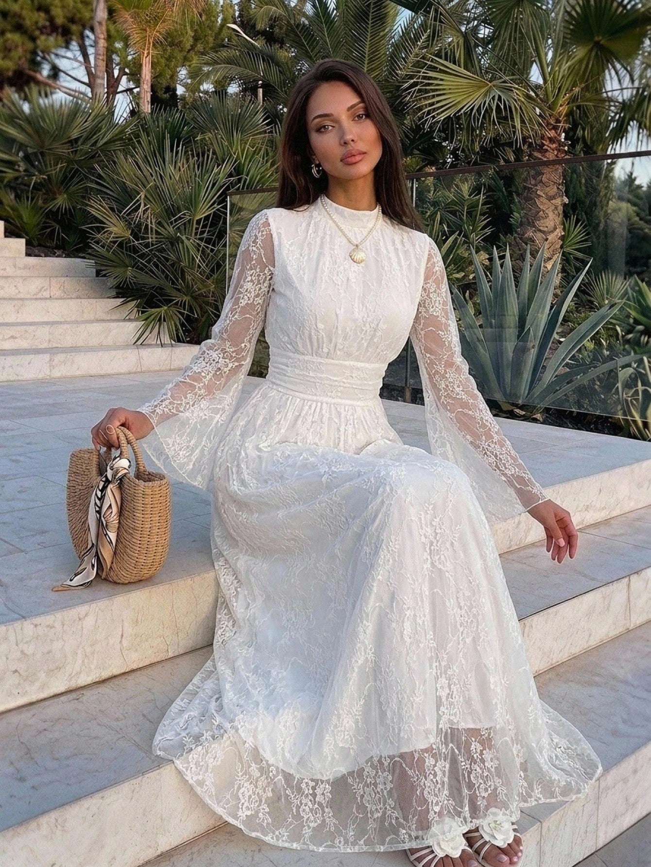 Firerie Women's Elegant Daily Commute Vacation Beach Stand Collar Pleated High Waist A-Line Flare Sleeve White Floral Dress, Autumn Dresses
