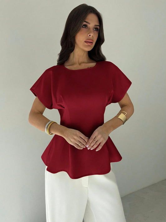 Firerie Women's Elegant Summer Dark Red Party Blouse,Vintage Commuting & Vacation Bamboo Texture Round Neck Short Sleeve Gathered Waist X-Design Regular Shirt