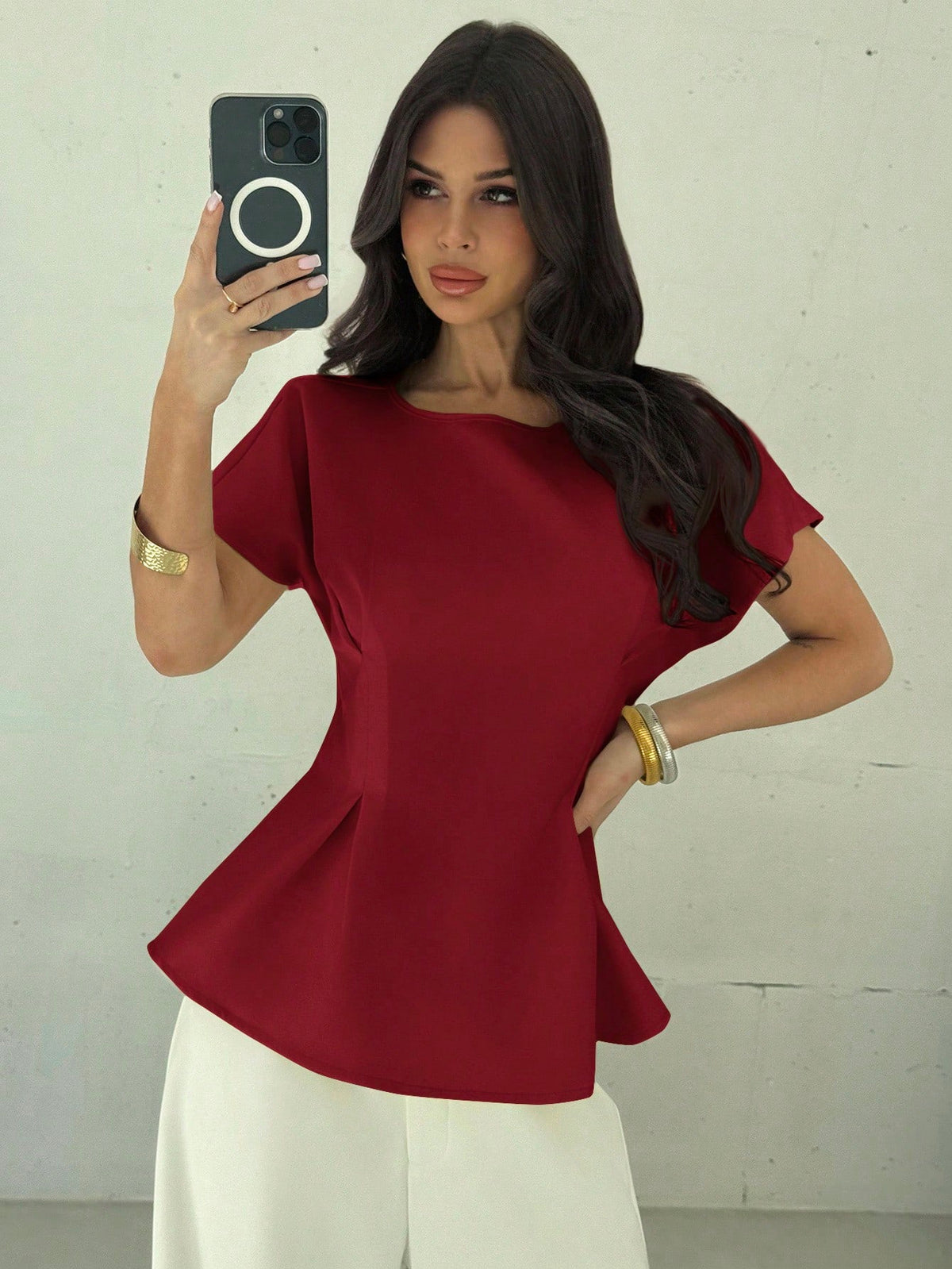 Firerie Women's Elegant Summer Dark Red Party Blouse,Vintage Commuting & Vacation Bamboo Texture Round Neck Short Sleeve Gathered Waist X-Design Regular Shirt