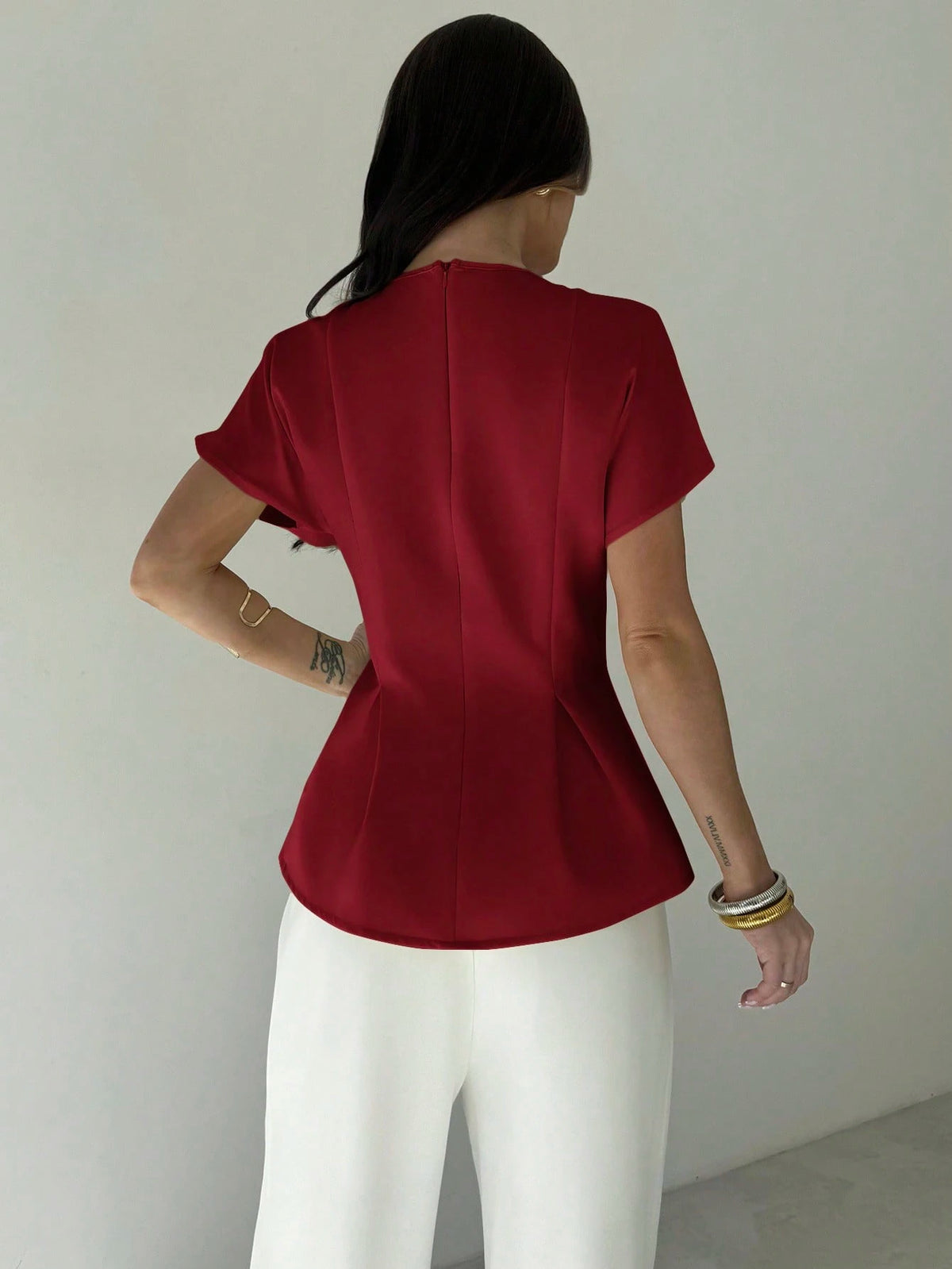 Firerie Women's Elegant Summer Dark Red Party Blouse,Vintage Commuting & Vacation Bamboo Texture Round Neck Short Sleeve Gathered Waist X-Design Regular Shirt