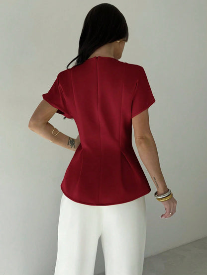 Firerie Women's Elegant Summer Dark Red Party Blouse,Vintage Commuting & Vacation Bamboo Texture Round Neck Short Sleeve Gathered Waist X-Design Regular Shirt