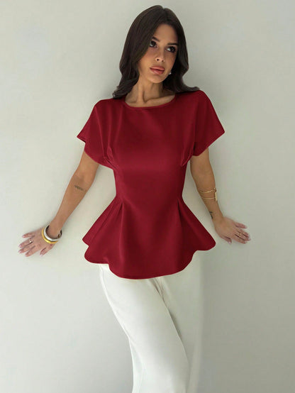 Firerie Women's Elegant Summer Dark Red Party Blouse,Vintage Commuting & Vacation Bamboo Texture Round Neck Short Sleeve Gathered Waist X-Design Regular Shirt