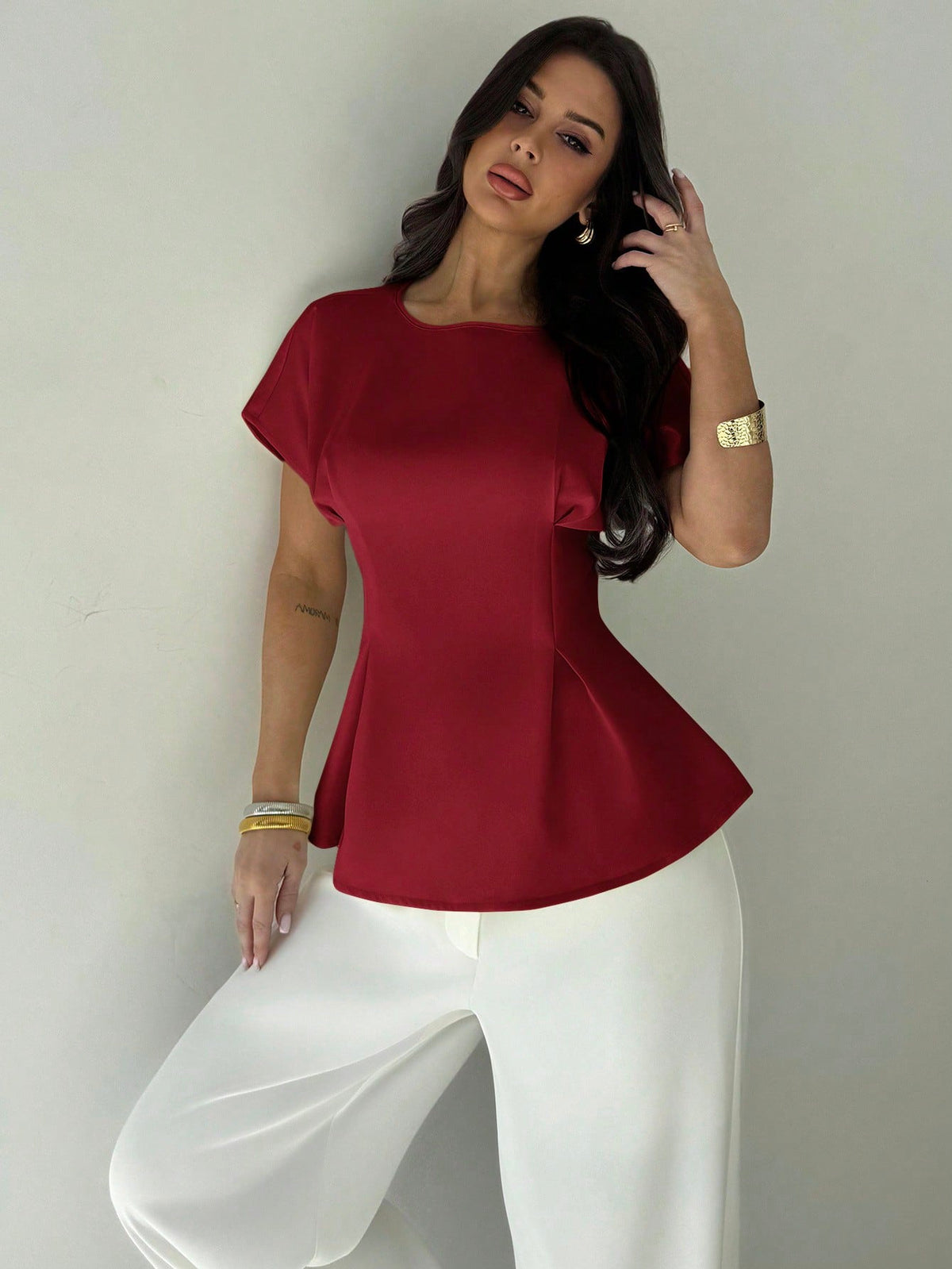 Firerie Women's Elegant Summer Dark Red Party Blouse,Vintage Commuting & Vacation Bamboo Texture Round Neck Short Sleeve Gathered Waist X-Design Regular Shirt