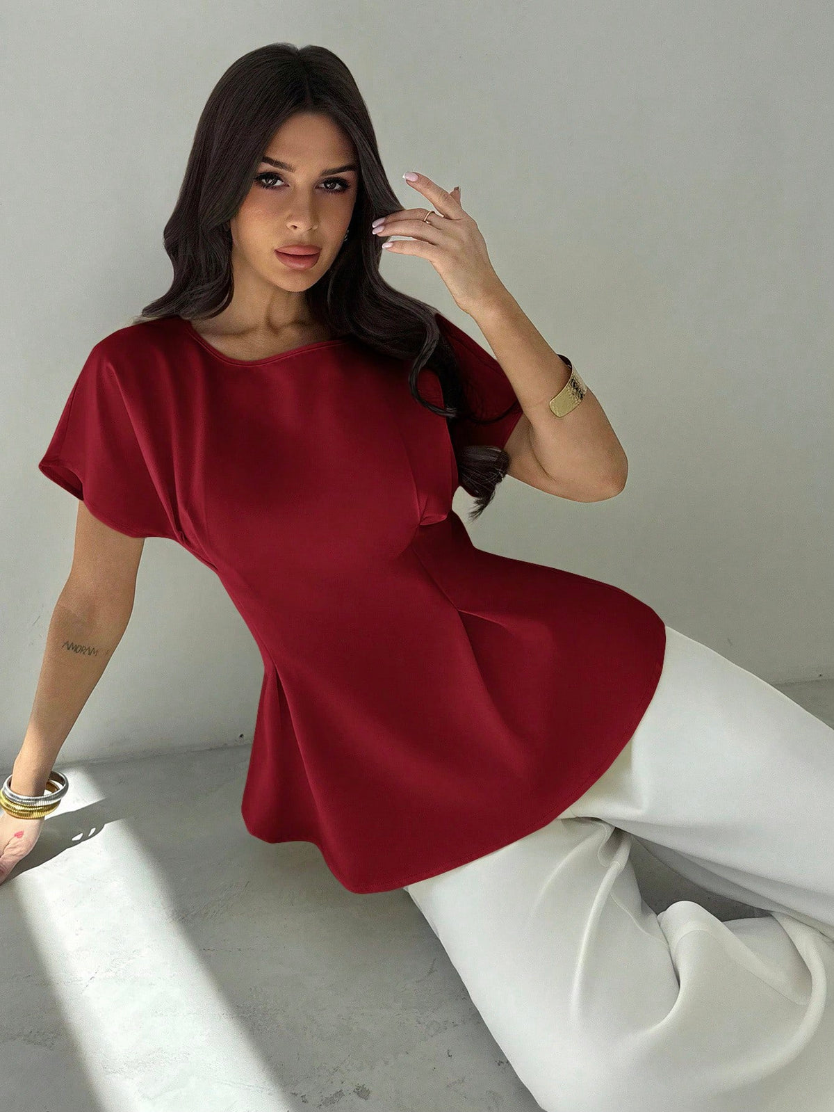 Firerie Women's Elegant Summer Dark Red Party Blouse,Vintage Commuting & Vacation Bamboo Texture Round Neck Short Sleeve Gathered Waist X-Design Regular Shirt