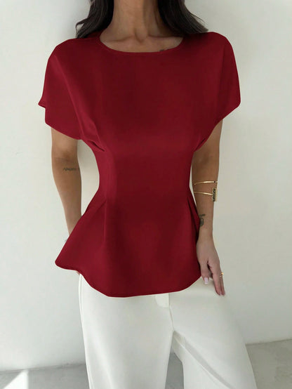 Firerie Women's Elegant Summer Dark Red Party Blouse,Vintage Commuting & Vacation Bamboo Texture Round Neck Short Sleeve Gathered Waist X-Design Regular Shirt