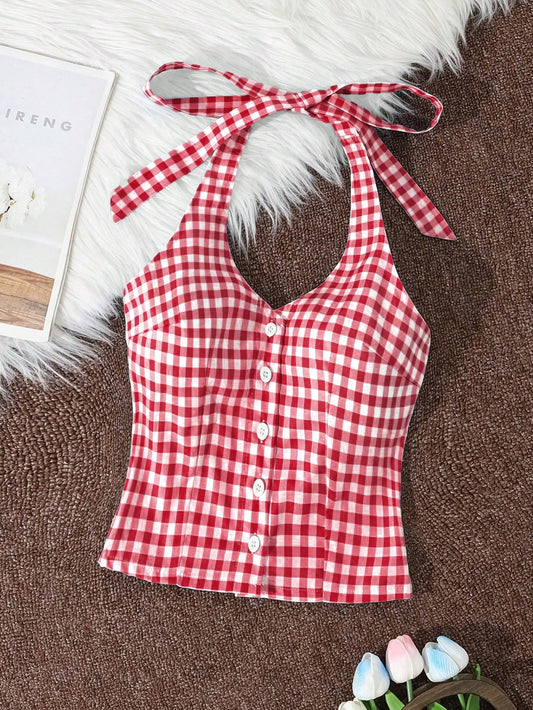 Flirla Plaid Spaghetti Strap Bow Backless Camisole Tank Top For Women, Sexy Open Back Sleeveless Top