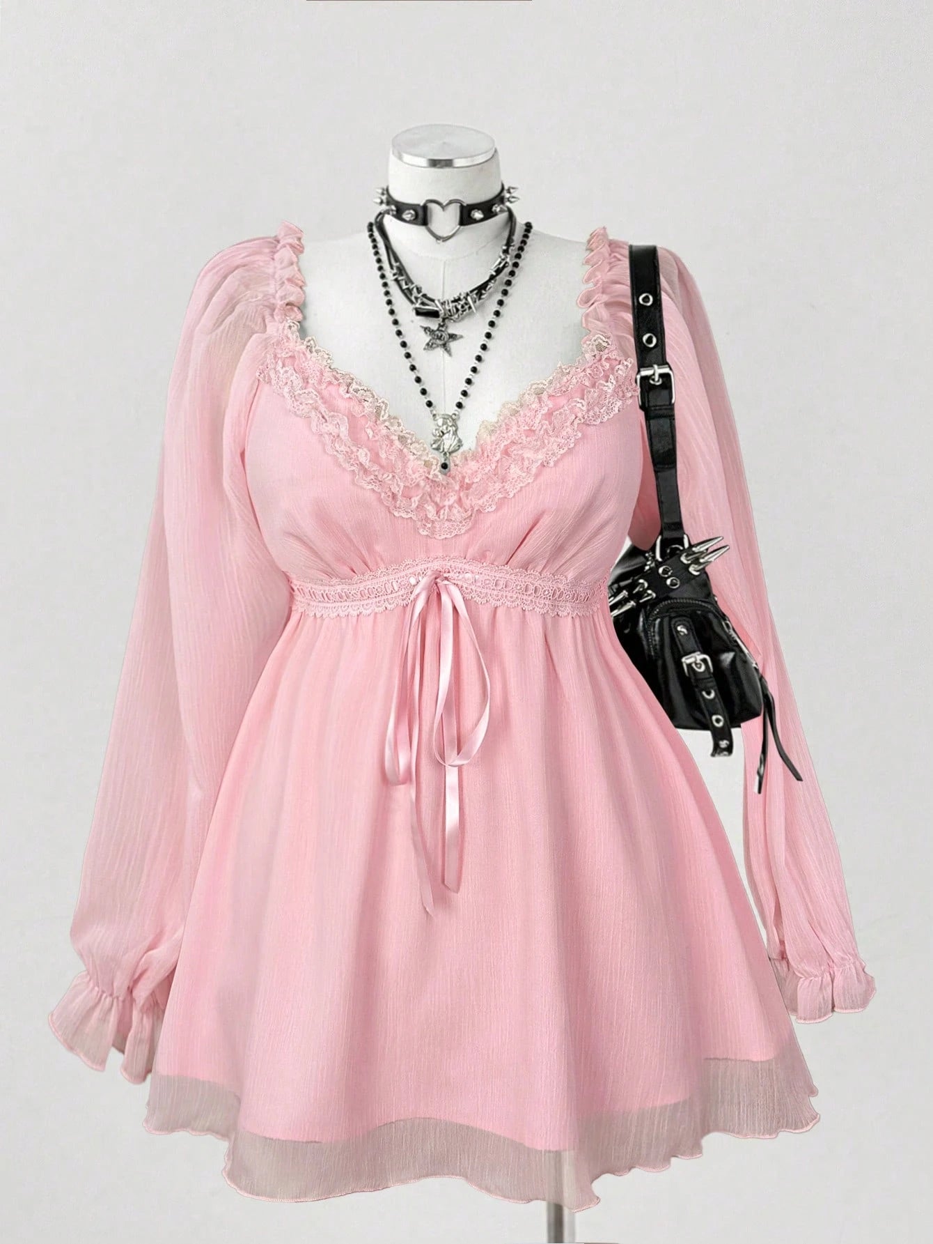 Flirla Plus Size Women's Contrast Lace Sweetheart Collar Tie Waist Fashionable Blouse Fall