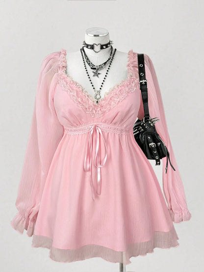 Flirla Plus Size Women's Contrast Lace Sweetheart Collar Tie Waist Fashionable Blouse Fall