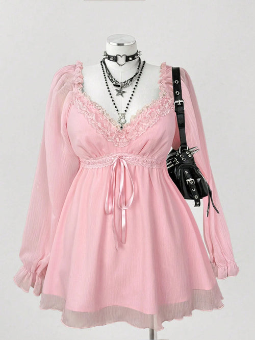 Flirla Plus Size Women's Contrast Lace Sweetheart Collar Tie Waist Fashionable Blouse Fall