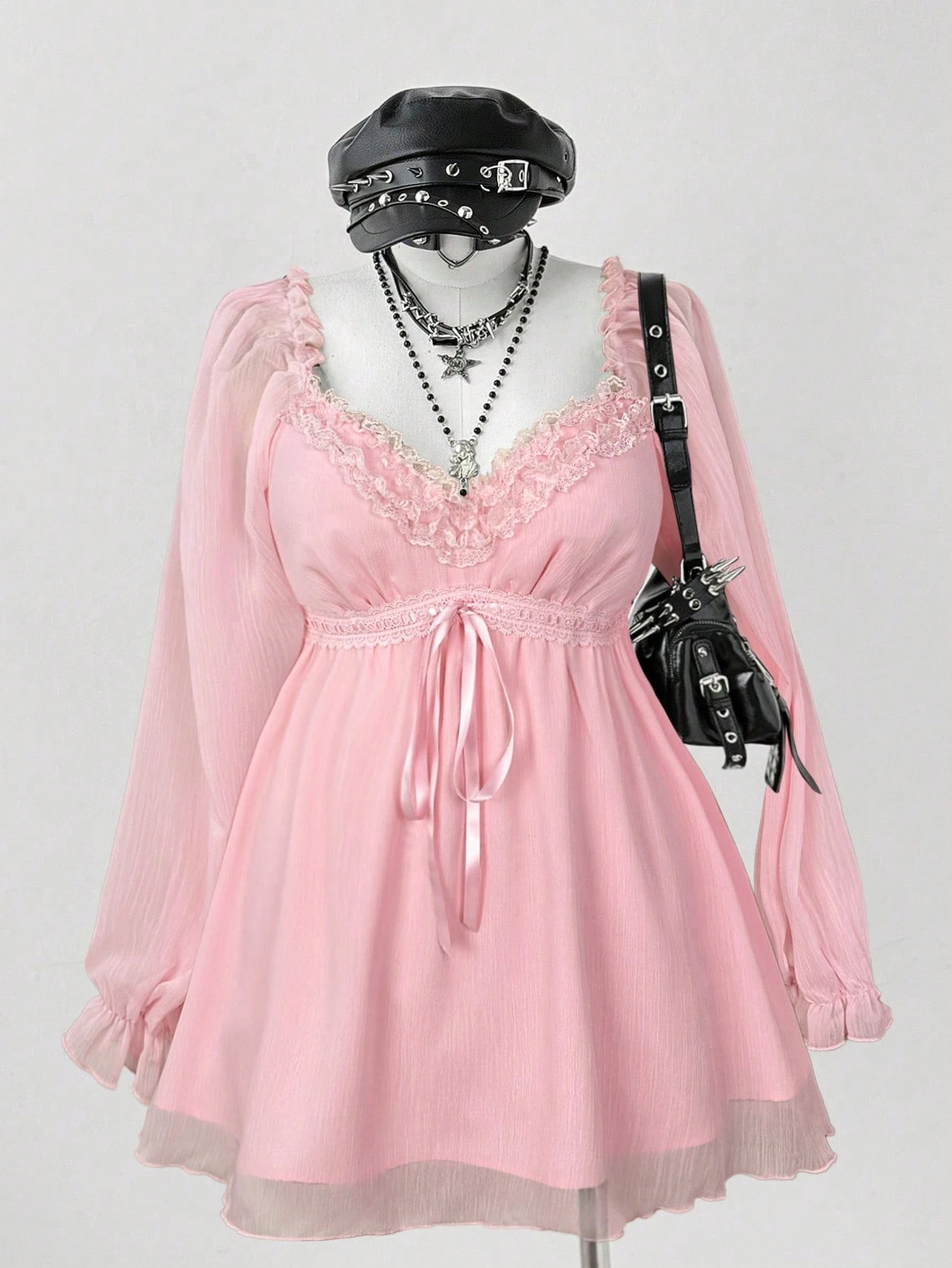 Flirla Plus Size Women's Contrast Lace Sweetheart Collar Tie Waist Fashionable Blouse Fall