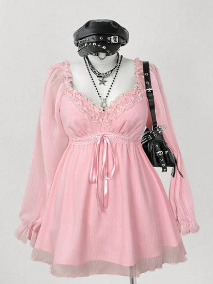 Flirla Plus Size Women's Contrast Lace Sweetheart Collar Tie Waist Fashionable Blouse Fall