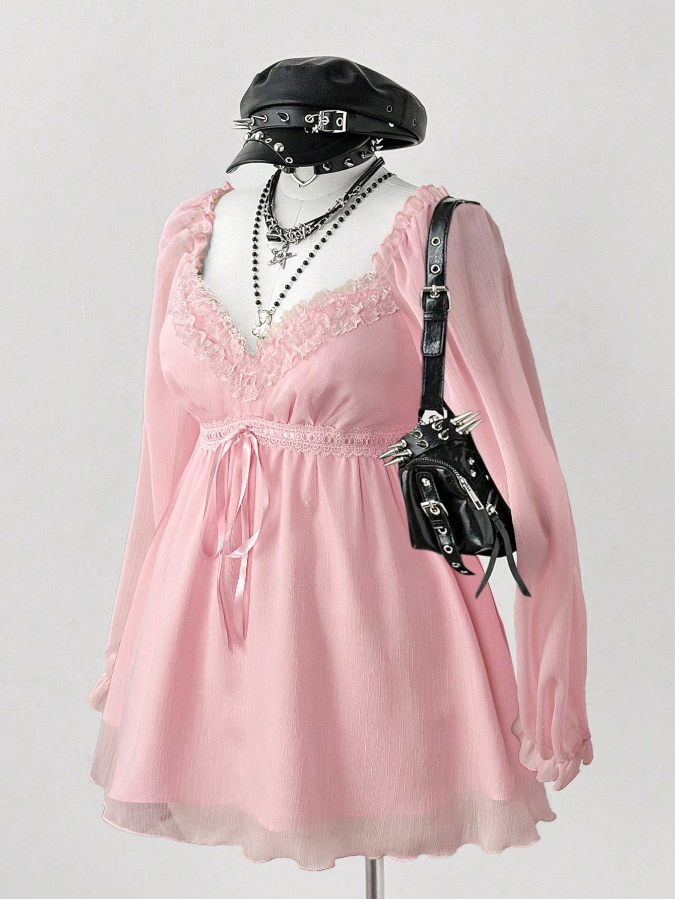 Flirla Plus Size Women's Contrast Lace Sweetheart Collar Tie Waist Fashionable Blouse Fall
