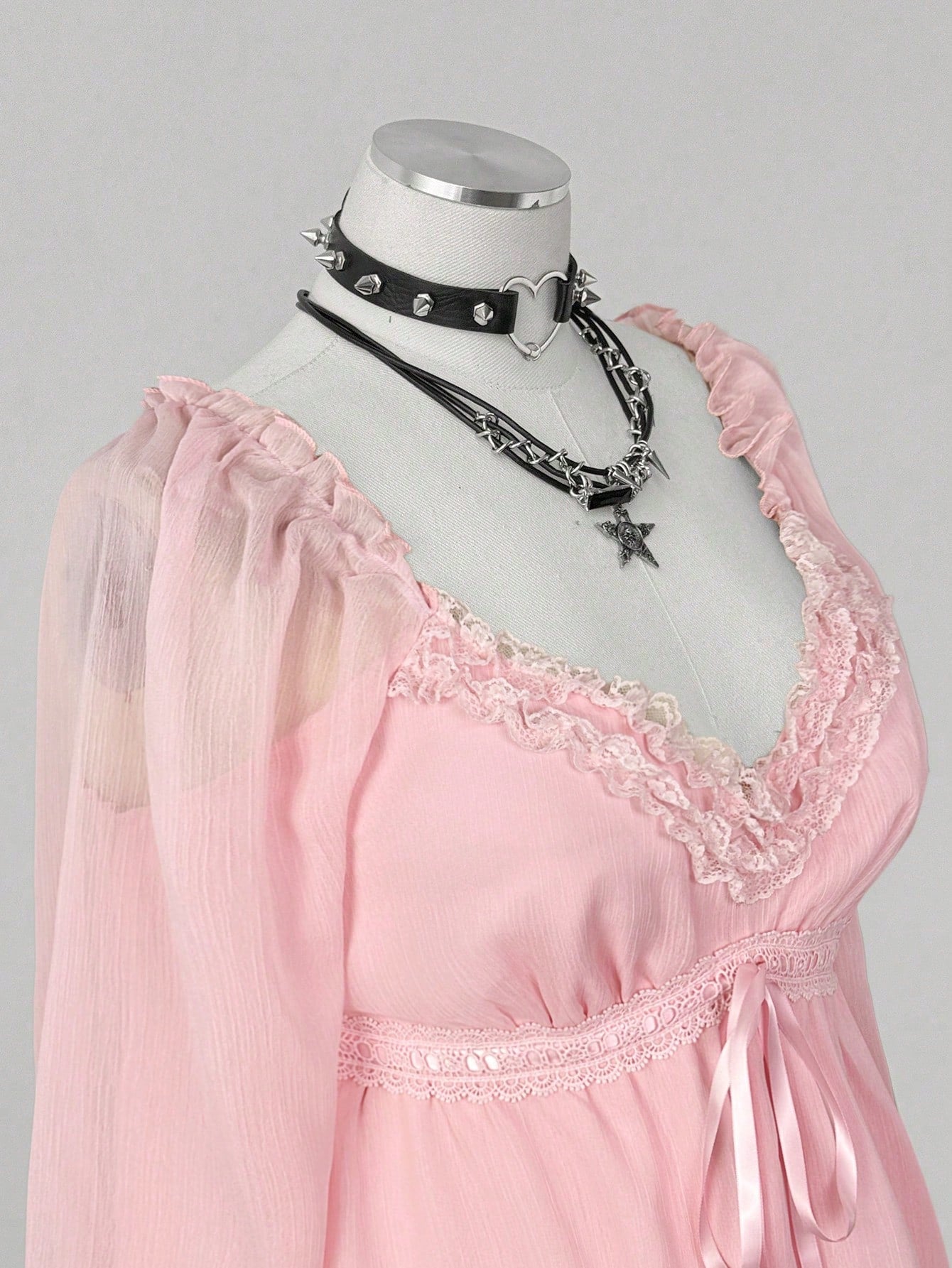 Flirla Plus Size Women's Contrast Lace Sweetheart Collar Tie Waist Fashionable Blouse Fall