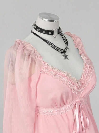 Flirla Plus Size Women's Contrast Lace Sweetheart Collar Tie Waist Fashionable Blouse Fall