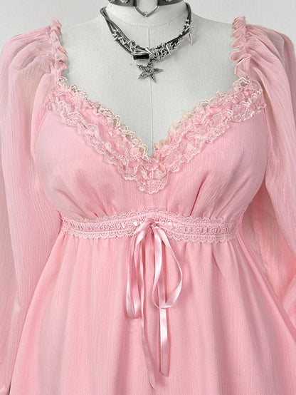 Flirla Plus Size Women's Contrast Lace Sweetheart Collar Tie Waist Fashionable Blouse Fall