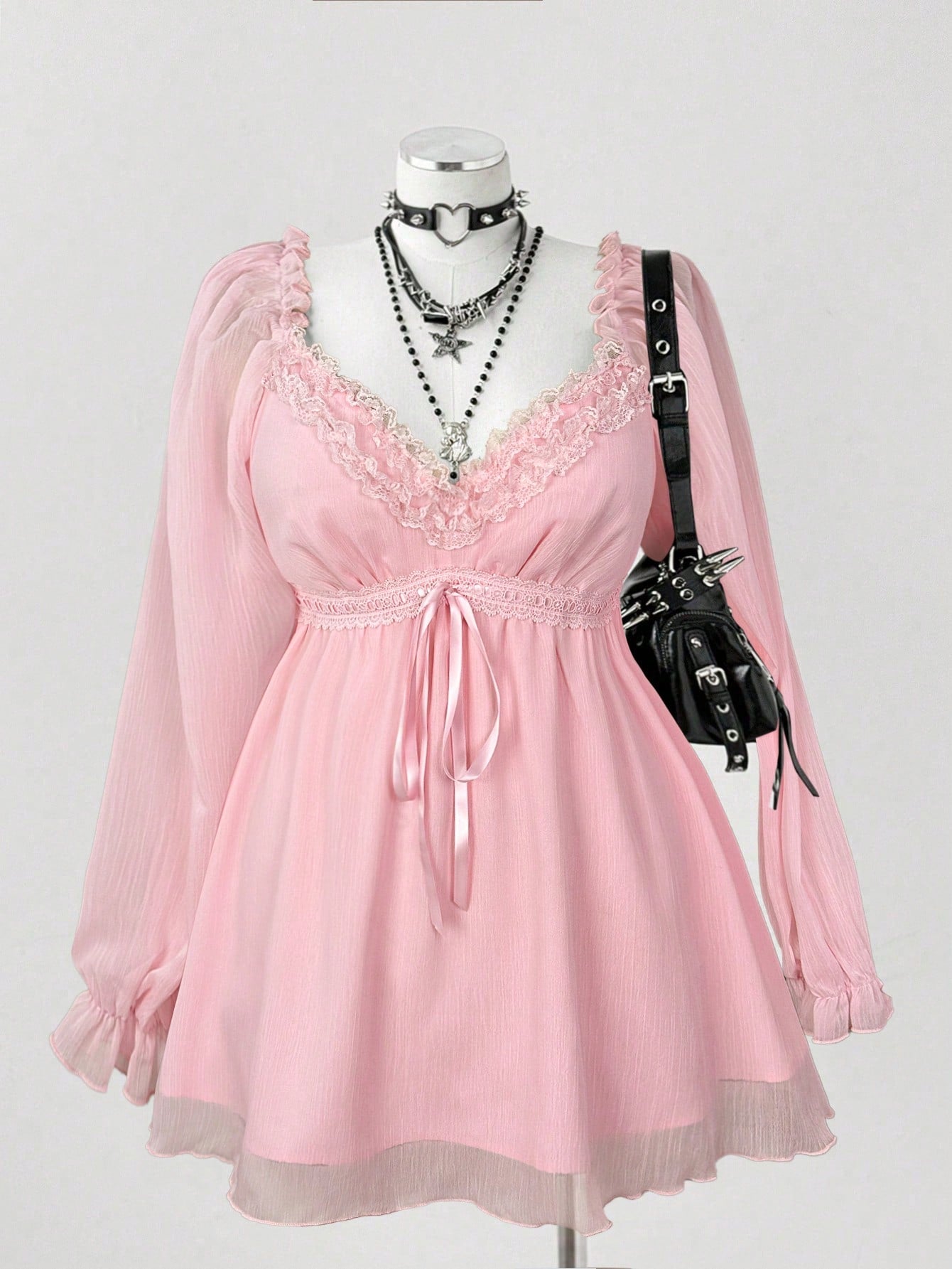 Flirla Plus Size Women's Contrast Lace Sweetheart Collar Tie Waist Fashionable Blouse Fall
