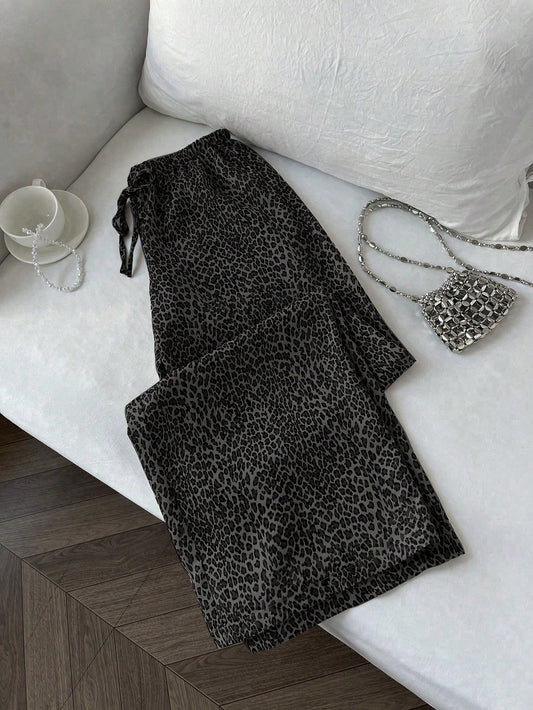 Flirla Retro Chic Leopard Print Black Wide Leg Pants,Drawstring Elastic Waist Straight Leg Casual Pants For Winter,Date,Back To School Wear