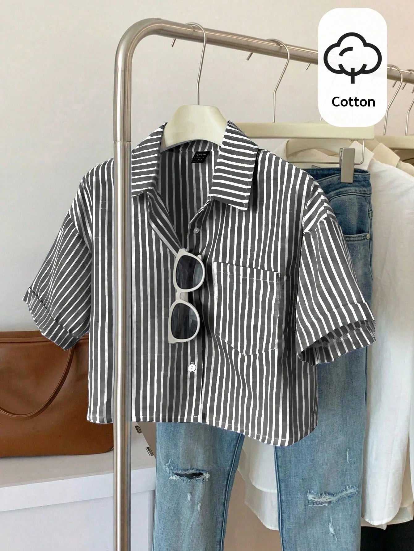Flirla Striped Cropped Women Loose Casual Turnover Cuff Short Sleeve Drop Shoulder Shirt, Linen Blend