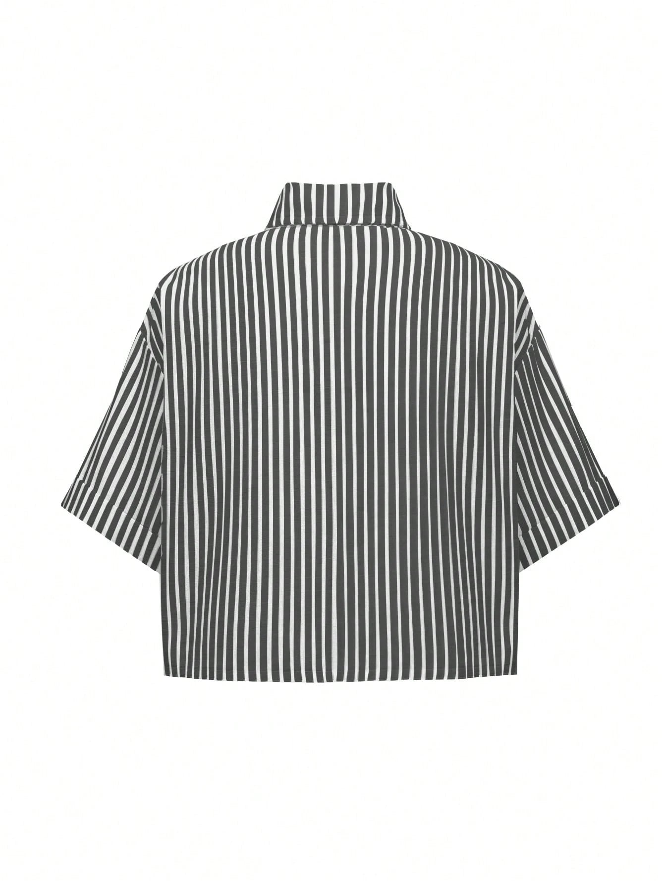 Flirla Striped Cropped Women Loose Casual Turnover Cuff Short Sleeve Drop Shoulder Shirt, Linen Blend