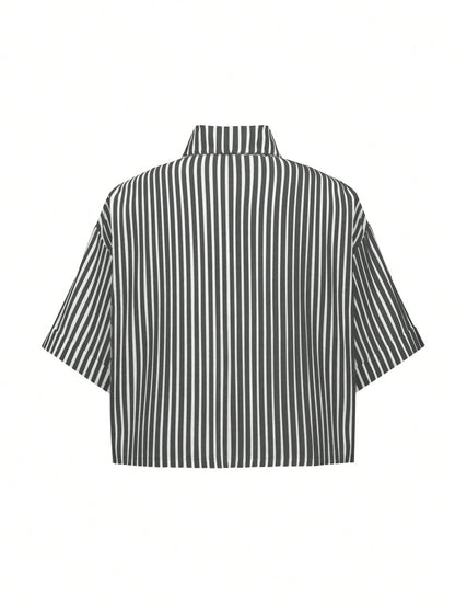 Flirla Striped Cropped Women Loose Casual Turnover Cuff Short Sleeve Drop Shoulder Shirt, Linen Blend