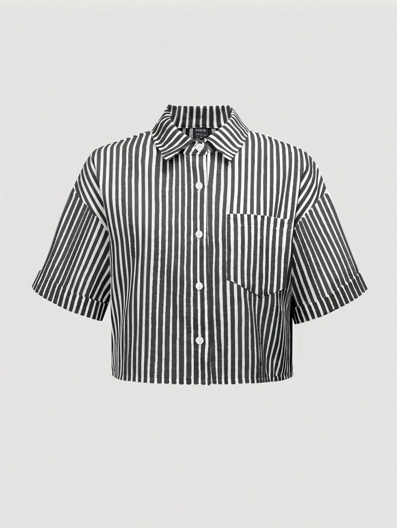 Flirla Striped Cropped Women Loose Casual Turnover Cuff Short Sleeve Drop Shoulder Shirt, Linen Blend