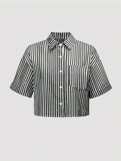Flirla Striped Cropped Women Loose Casual Turnover Cuff Short Sleeve Drop Shoulder Shirt, Linen Blend
