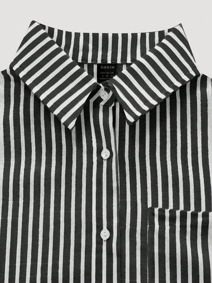 Flirla Striped Cropped Women Loose Casual Turnover Cuff Short Sleeve Drop Shoulder Shirt, Linen Blend