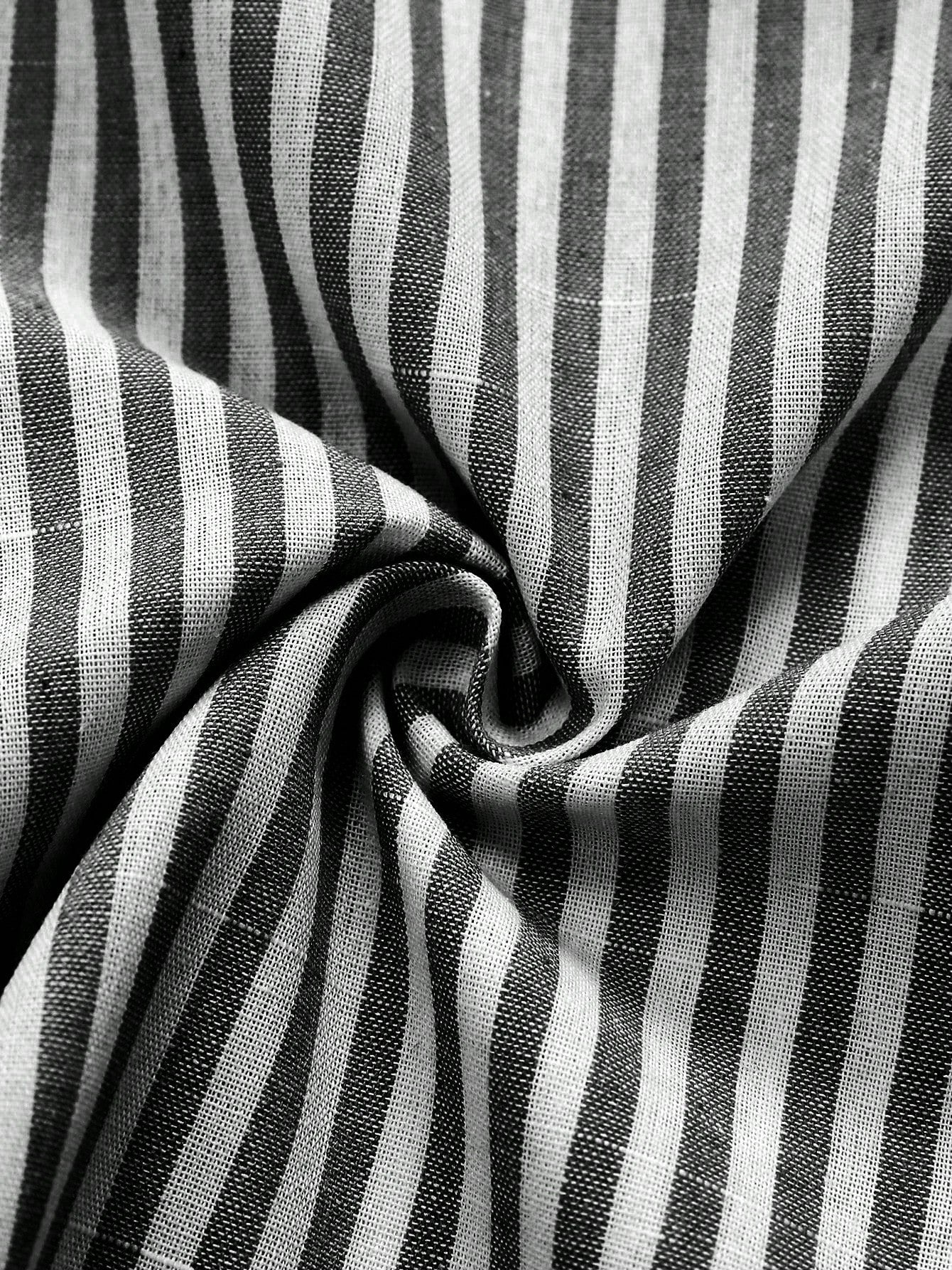 Flirla Striped Cropped Women Loose Casual Turnover Cuff Short Sleeve Drop Shoulder Shirt, Linen Blend