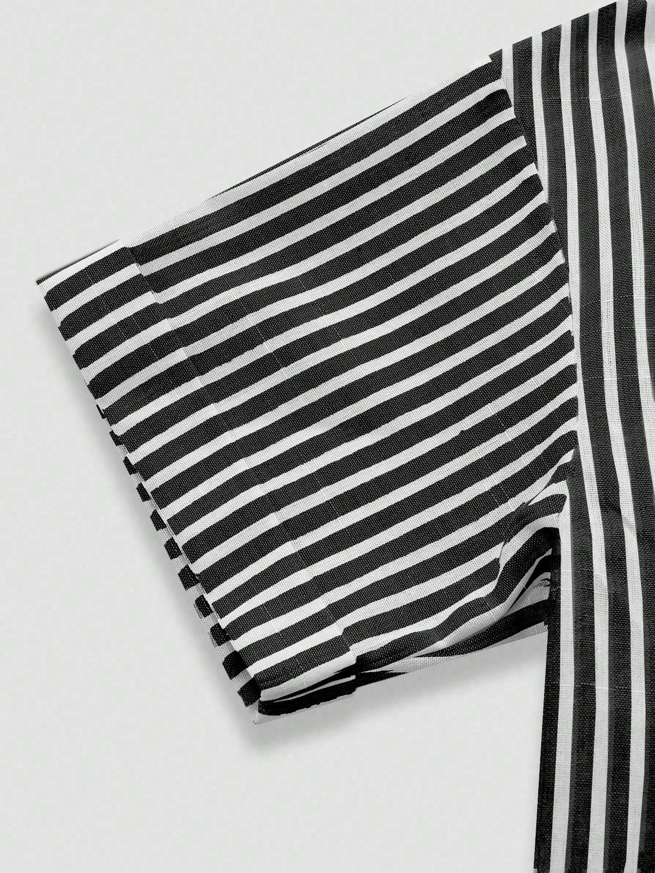 Flirla Striped Cropped Women Loose Casual Turnover Cuff Short Sleeve Drop Shoulder Shirt, Linen Blend